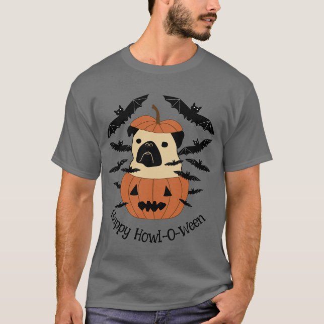 Camiseta Howl-O-Ween Pug num Jack-O-Lanterna com Bats (Frente)