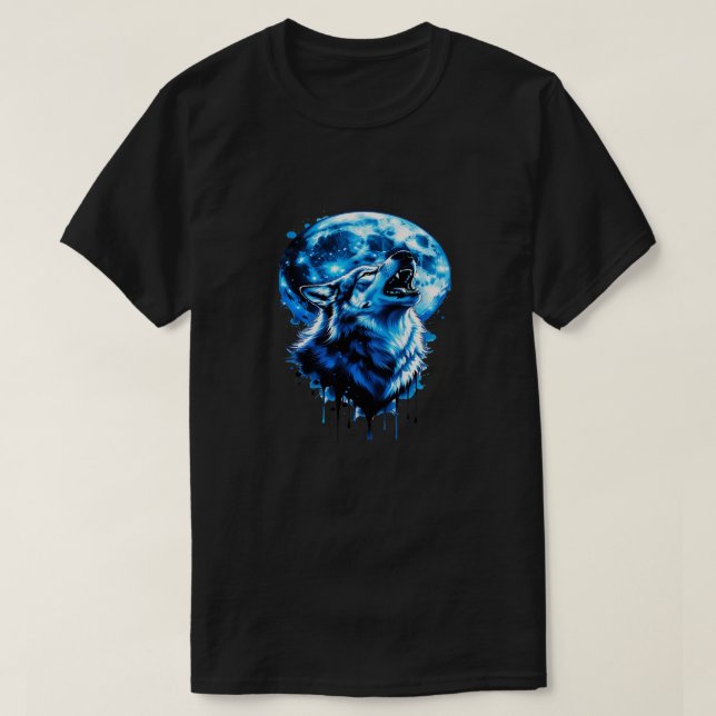 Camiseta Howling Moon Wolf Tattoo — Blue Ink Dream (Frente do Design)