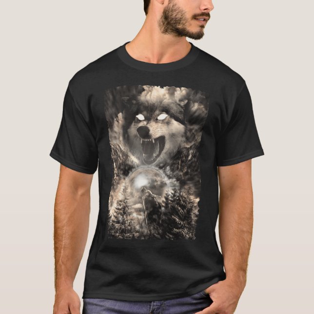 Camiseta Howling Wolf Moon Forest Montanhas Animal (Frente)