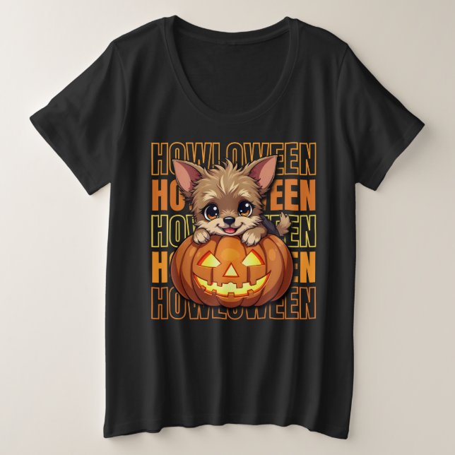 Camiseta HOWLOWEEN - Yorkie abre Halloween (Frente do Design)