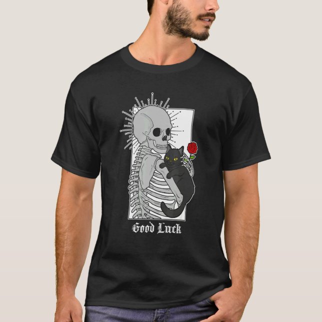 Camiseta Hugging Cat Flowers Skeleton Black Cat (Frente)