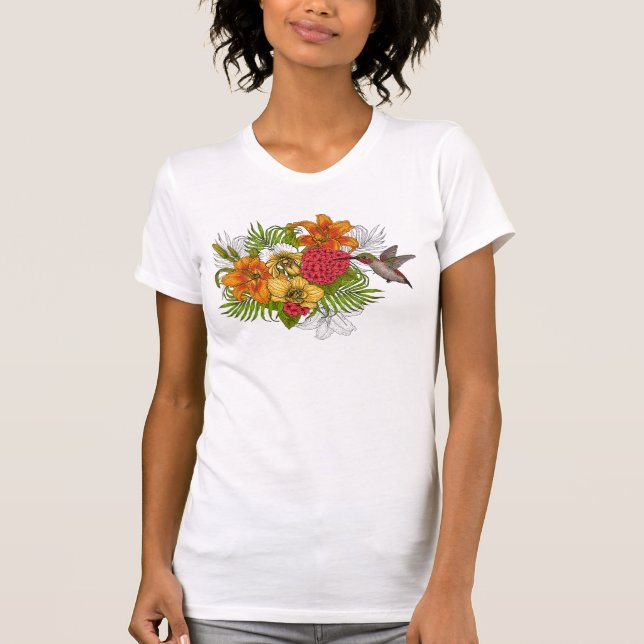 Camiseta Hummingbird e buquê tropical (Frente)