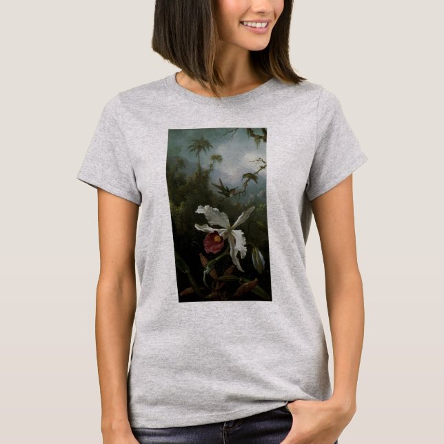 Camiseta Hummingbird e Orquídea Branca por Martin J. Heade (Frente)
