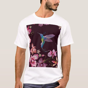 Camiseta Hummingbird e orquídea, moda sem costura tropical.