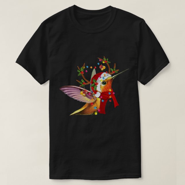 Camiseta Hummingbird Reindeer Hat Papais noeis Luzes De Nat (Frente do Design)