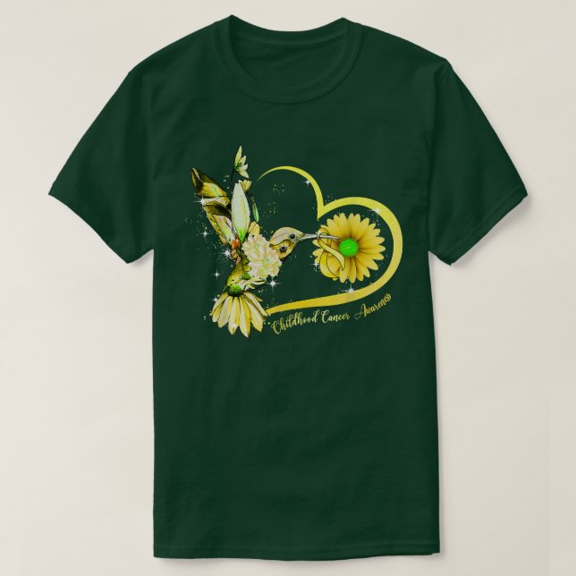 Camiseta Hummingbird Sunflower Heart Yellow Ribbon Childhoo (Frente do Design)