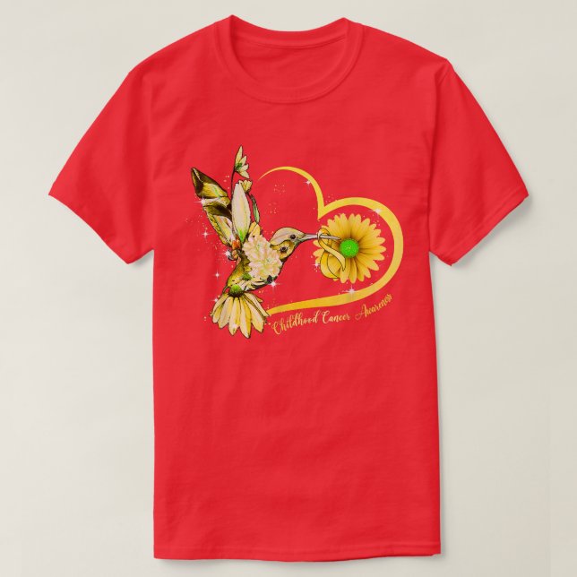 Camiseta Hummingbird Sunflower Heart Yellow Ribbon Childhoo (Frente do Design)