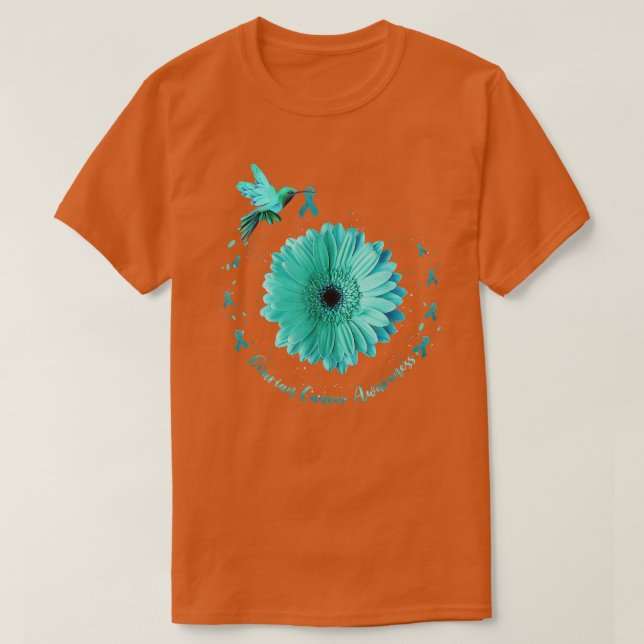 Camiseta Hummingbird Sunflower Teal Ribbon Ovarian Cancer A (Frente do Design)