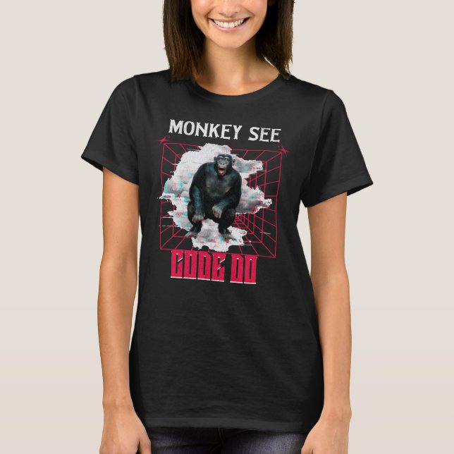 Camiseta Humor de Desenvolvedor Web 'Macaco Vê Código Faz' (Frente)