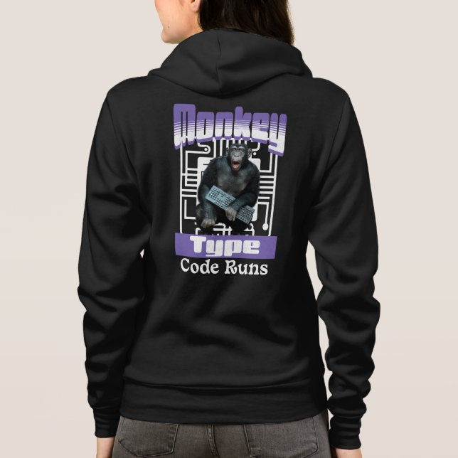 Camiseta Humor de Programador com Macaco Digitando Código (Verso)