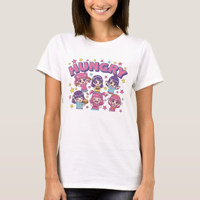 Camiseta Hungry Anime Chibi Girls Cute Food Lover Women's  (Frente)