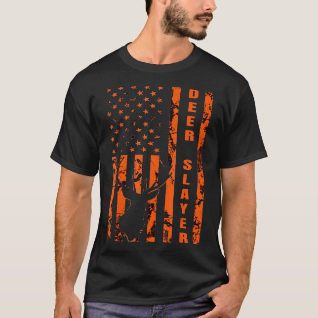 Camiseta Hunter Orange Camo American Flag Deer Slayer Hunti (Frente)