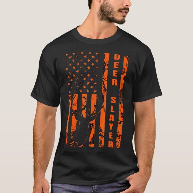 Camiseta Hunter Orange Camo American Flag Deer Slayer Hunti (Frente)