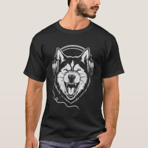 Camiseta Husky Engraçado Com Fones de Ouvido DJ Música Aman