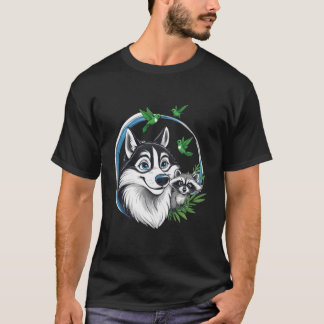 Camiseta Husky Feliz com Guaxinim e Beija-flores