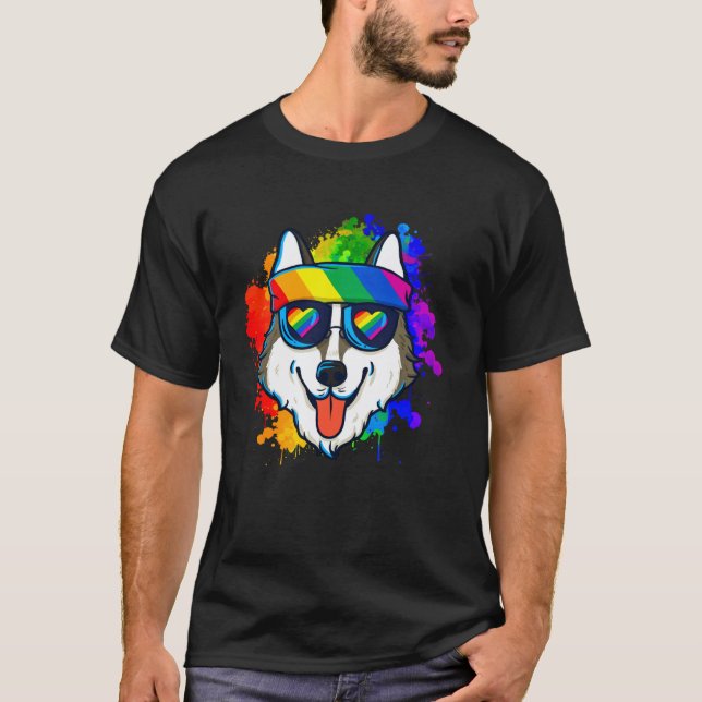 Camiseta Husky Feliz e Engraçado de Óculos de Sol e Faixa p (Frente)