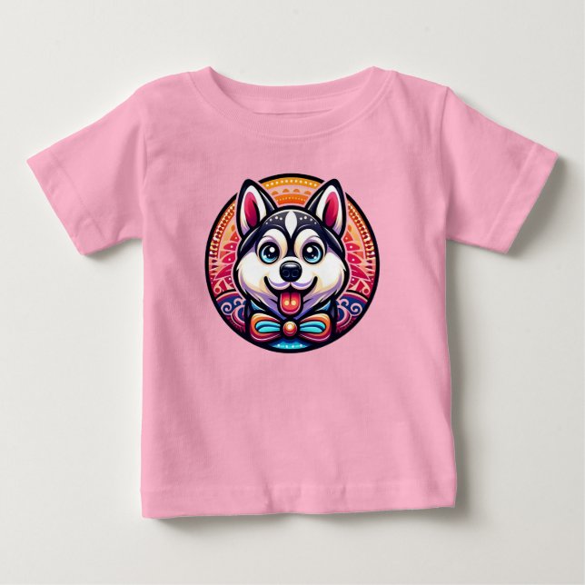 Camiseta Husky Fofo Ilustrado em Estilo Mandala (Frente)