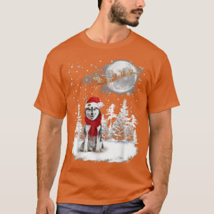 Camiseta Husky Na Neve Natal Luar Iluminação Chapéu do Papa