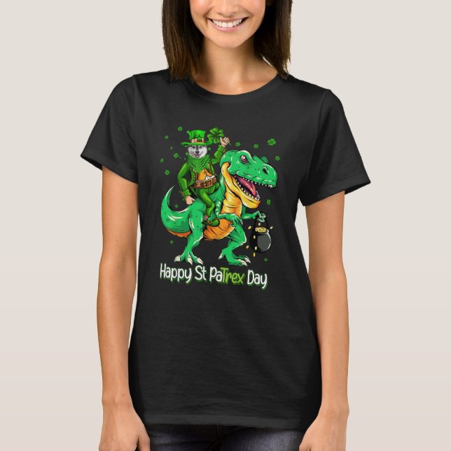 Camiseta Husky Riding Dinosaur Patricks Day Shamrock (Frente)
