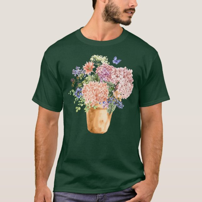 Camiseta Hydrangea Blooms Buquê Floral Primavera Summer (Frente)