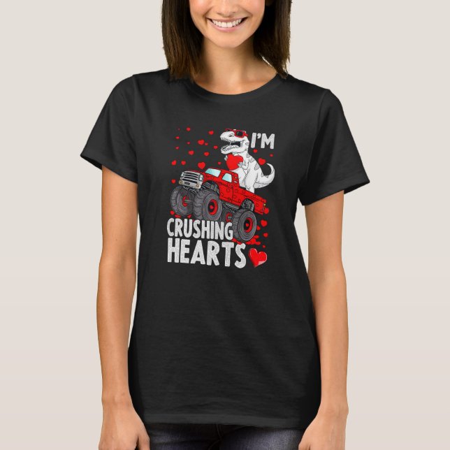 Camiseta I Crush Hearts Trex Dino Monster Truck Boys Valent (Frente)