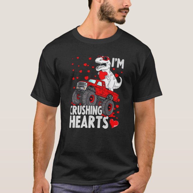 Camiseta I Crush Hearts Trex Dino Monster Truck Boys Valent (Frente)