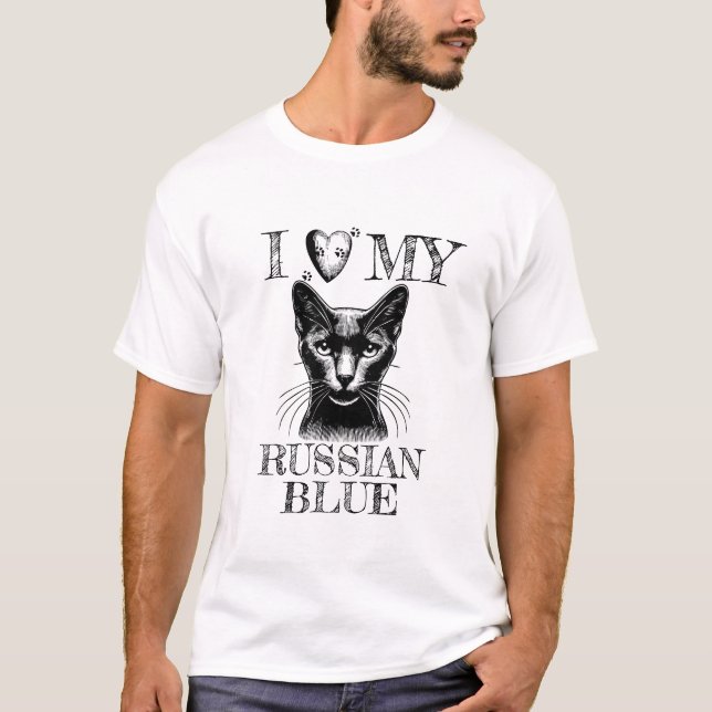 Camiseta I Heart My Russian Blue, Cat Pawprints Black (Frente)
