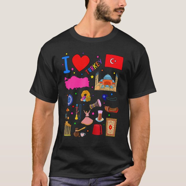 Camiseta I love Turkey  Hand drawn Turkish Landmarks  flag  (Frente)