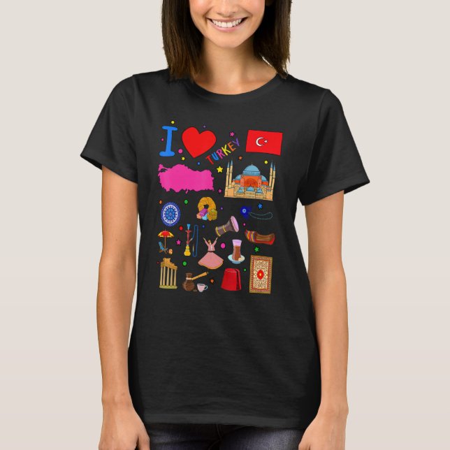 Camiseta I love Turkey  Hand drawn Turkish Landmarks  flag  (Frente)