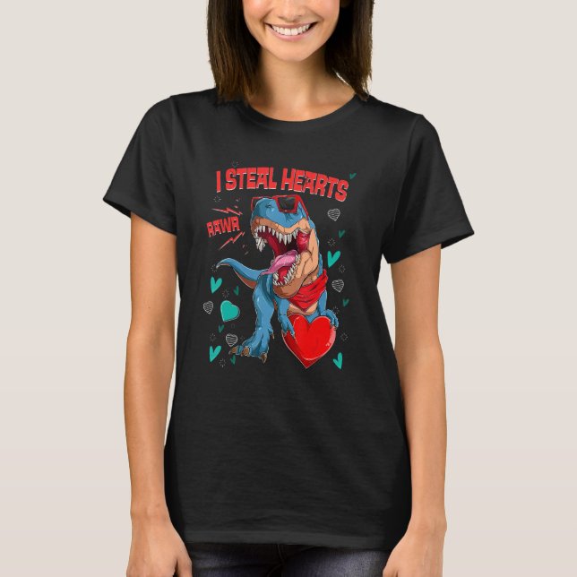 Camiseta I Steal Hearts T rex Dinosaur Valentines Day Kids  (Frente)