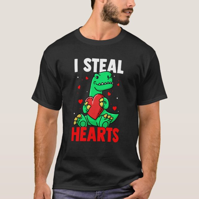 Camiseta I Steal Hearts Valentine's Day Dino Roses Date Nig (Frente)