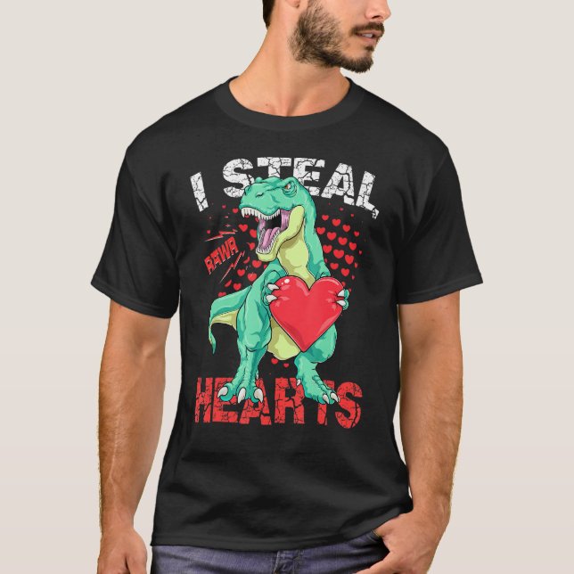 Camiseta I Steal Hearts Valentines Day Dinosaur Boys Men Lo (Frente)