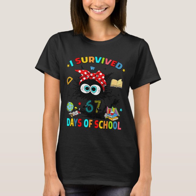 Camiseta I Survived 67 Days Of School Funny Black Cat Six S (Frente)