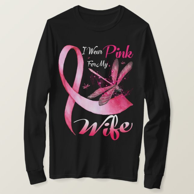 Camiseta I Wear Pink For My Wife Dragonfly Breast Cancer (Frente do Design)