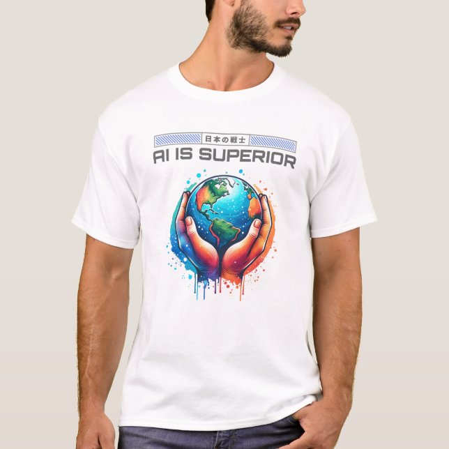 Camiseta IA é superior - Terra na Design de arte de mãos (Frente)