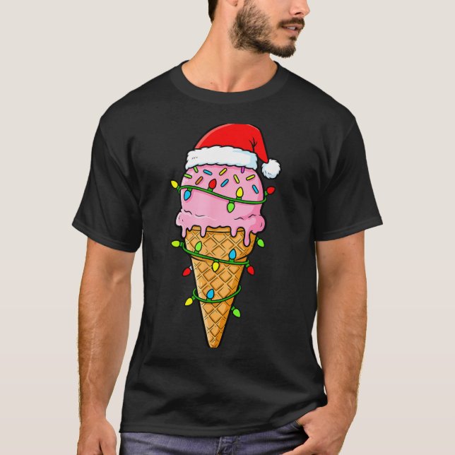Camiseta Ice Cream Cone Christmas Lights Santa Hat Food Xma (Frente)