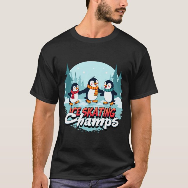 Camiseta "ICE SKATING Champs" Três pinguins alegres (Frente)