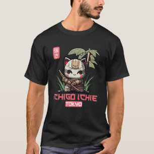 Camiseta Ichigo Ichie Chibi Kitten Samurai com Cherry Blos
