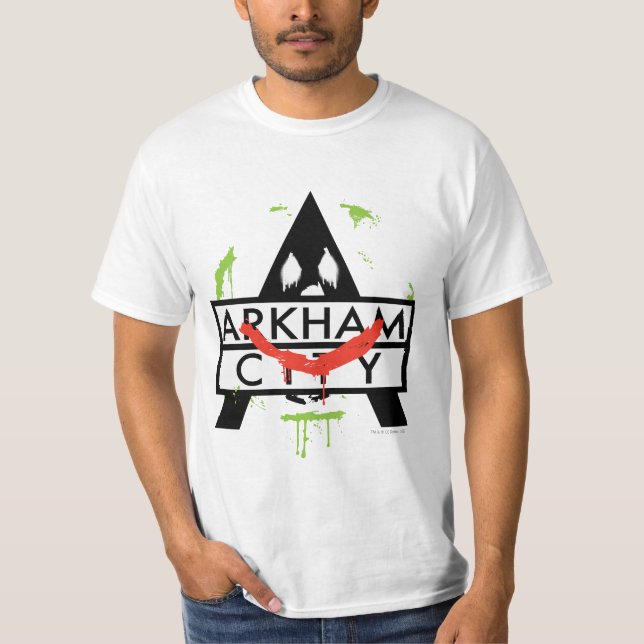 Camiseta Ícone da Cidade Arkham com marcas de Joker 2 (Frente)