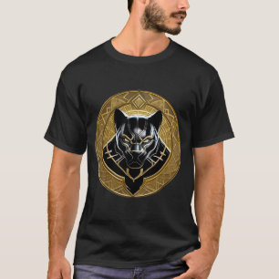 Camiseta Ícone da Pantera Negra com Fundo Geométrico Dourad