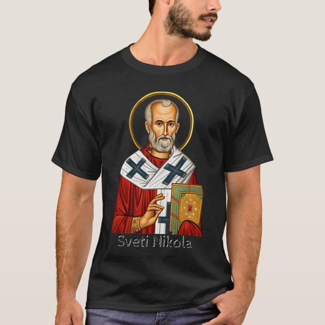 Camiseta ícone de letra sérvia do santo Nicholas ortodox (Frente)