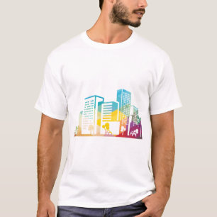 Camiseta ícone do edifício da paisagem urbana da silhueta