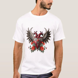 Camiseta Ícone gótico romântico: coração, rosa, crânio.
