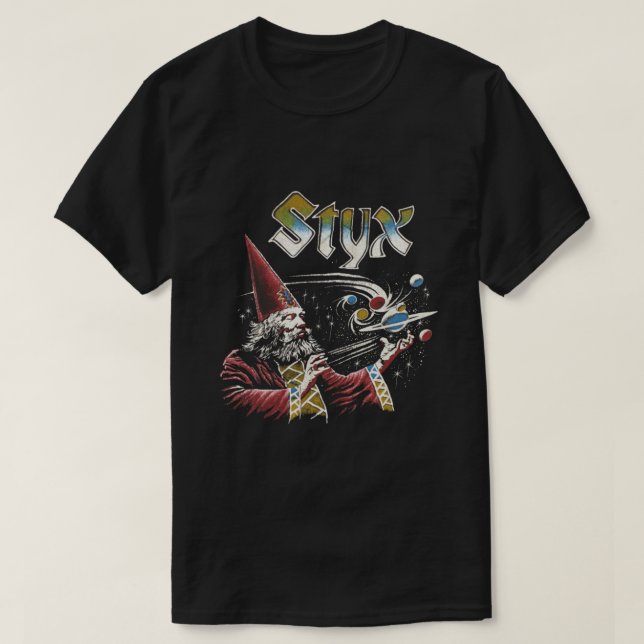 Camiseta Ícones de tributo da Banda STYX Retro 70s (Frente do Design)