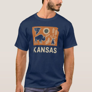 Camiseta Ícones do Kansas   Bison, Tornado, Girassol e Prai