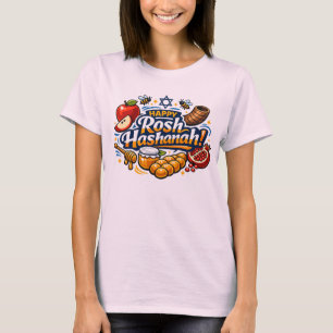 Camiseta 🍯 🍎🐟 Ícones Felizes de Rosh Hashaná