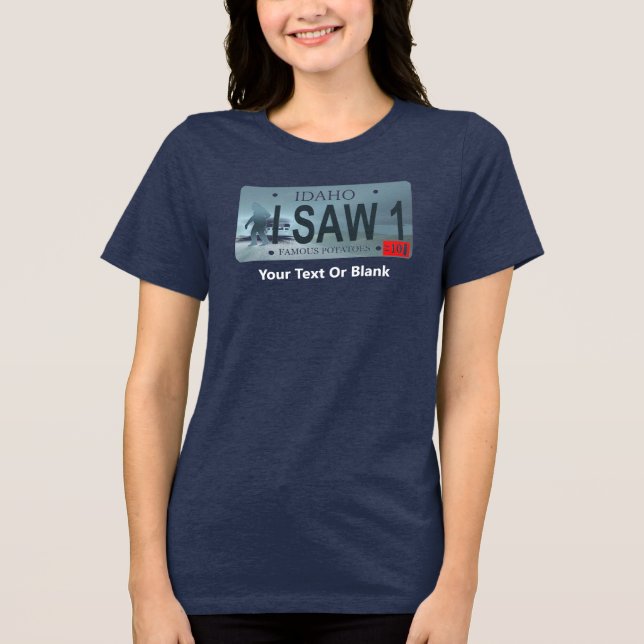 Camiseta Idaho "I Saw 1" Sasquatch License Plate (Frente)