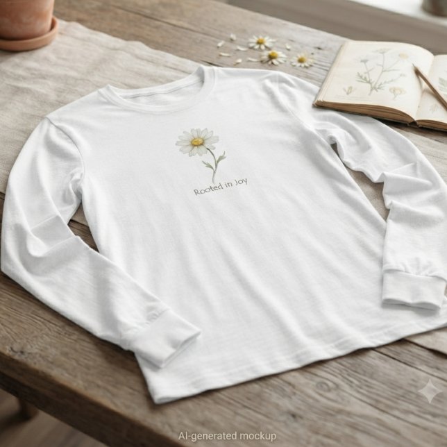 Camiseta Ideia de Presente para Amante de Margaridas (White long sleeve shirt with daisy art for women as a thoughtful birthday gift)