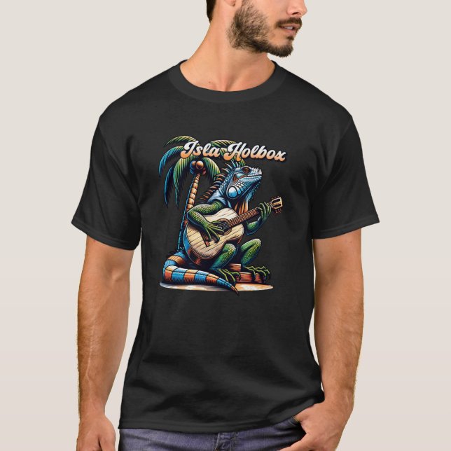 Camiseta Iguana da Isla Holbox Tocando Guitarra Sob Uma Pal (Frente)