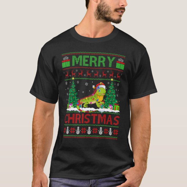 Camiseta Iguana   Xmas Tree Lights Ugly Santa Iguana Christ (Frente)